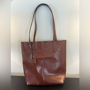 Sleek Brown Leather Tote Bag with Front Zip Pocket